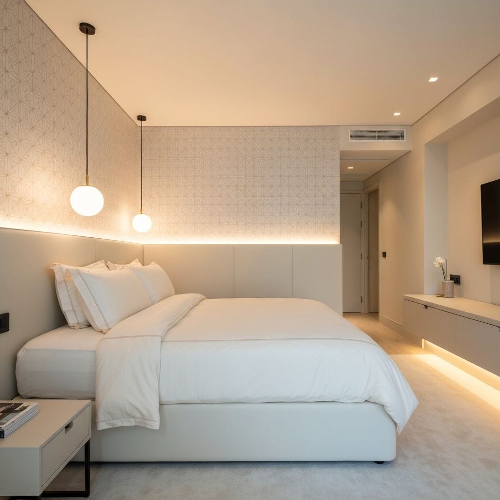 Elegantes Schlafzimmer mit geometrischer Tapete und moderner Beleuchtung